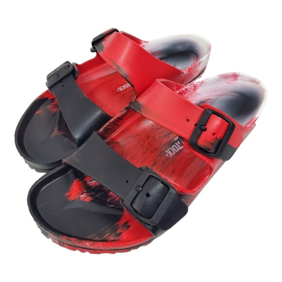 BIRKENSTOCK Sandals Slides Mens Size 10 43 280 Red Black Paint Brush Pattern